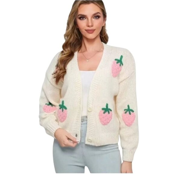 Luna Ivy Cream Pink Strawberry Crochet Fruit Novelty Cardigan Sweater Size M - Picture 4 of 8